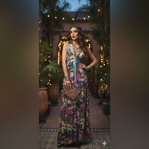 America & Beyond XL Floral Elephant Print Maxi Dress V-Neck Boho Festival